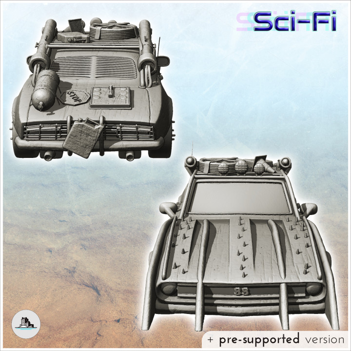 Post-apocalyptic car with four front blades and accessories on the roof (1) - Future Sci-Fi SF Post apocalyptic Tabletop Scifi 28mm 15mm 20mm Modern image