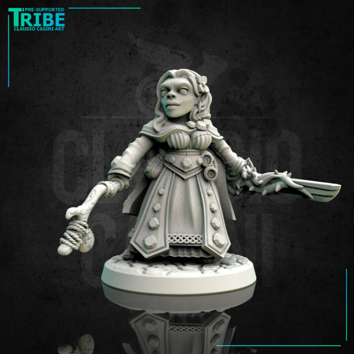 (0167) Female halfling wizard sorceror druid with magic staff