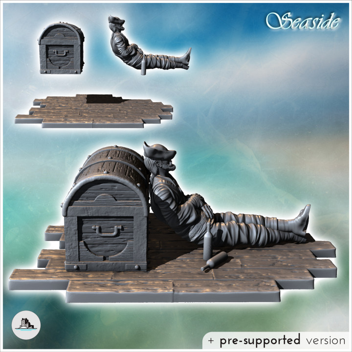 Pirate sleeping on a treasure chest with bottles on the ground (19) - Pirate Jungle Island Beach Piracy Caribbean Medieval Skull Renaissance image