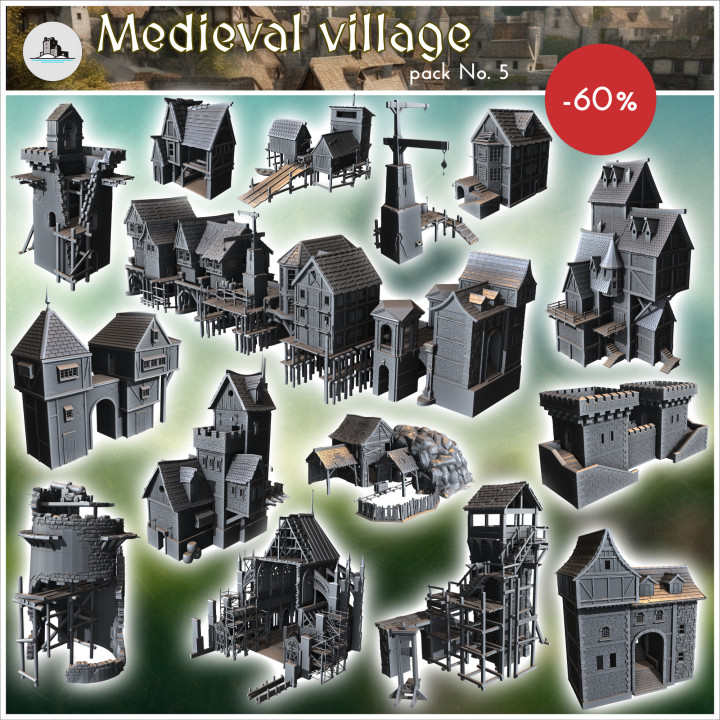 Medieval village pack No. 5 - Medieval Gothic Feudal Old Archaic Saga 28mm 15mm RPG image