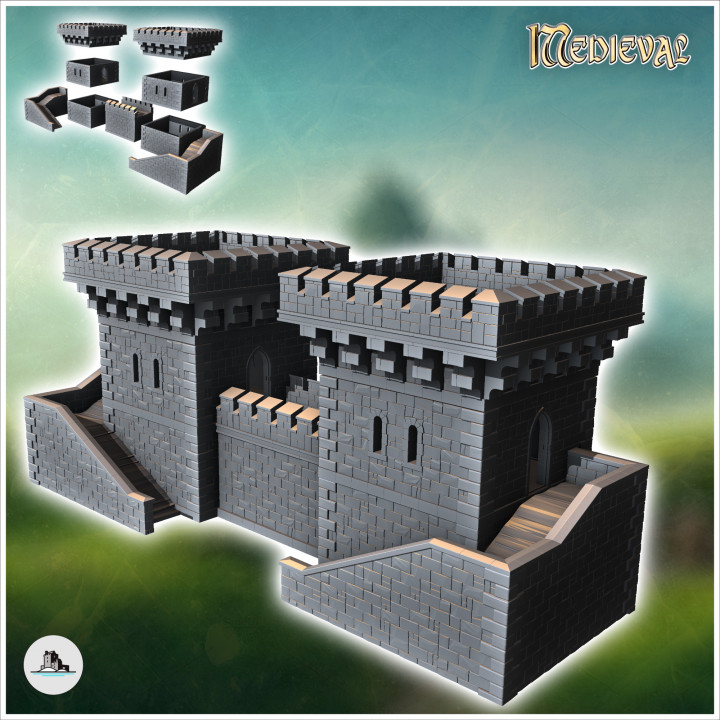 Stone fortress with double towers and access stairs (9) - Medieval Gothic Feudal Old Archaic Saga 28mm 15mm RPG image