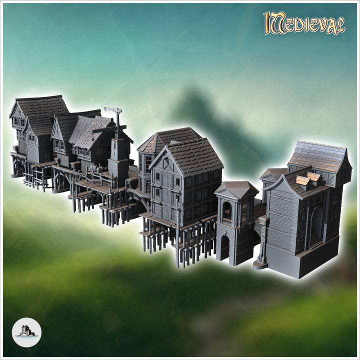 Medieval bridge set with houses, statues, cranes on stilts (12) - Medieval Gothic Feudal Old Archaic Saga 28mm 15mm RPG image