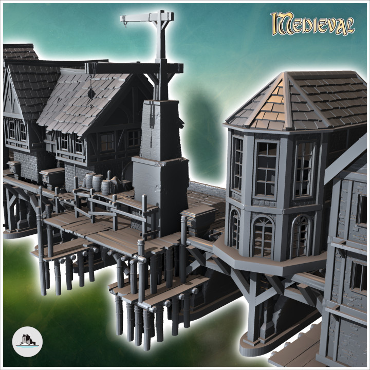 Medieval bridge set with houses, statues, cranes on stilts (12) - Medieval Gothic Feudal Old Archaic Saga 28mm 15mm RPG image