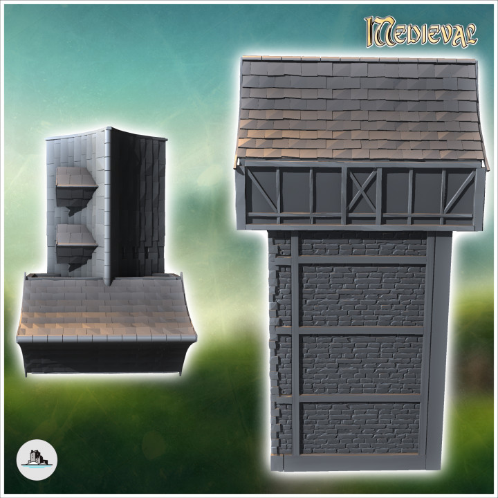 Medieval stone building with concave roof and central staircase arch (16) - Medieval Gothic Feudal Old Archaic Saga 28mm 15mm RPG