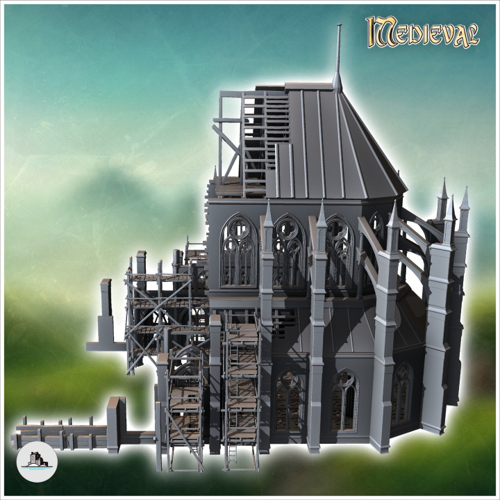 Medieval Gothic cathedral under construction with wooden scaffolding (18) - Medieval Gothic Feudal Old Archaic Saga 28mm 15mm RPG image