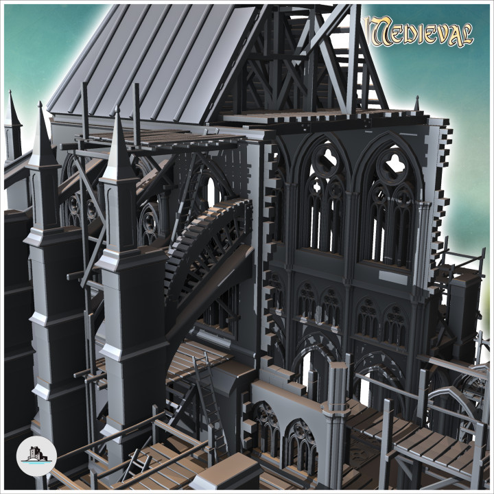 Medieval Gothic cathedral under construction with wooden scaffolding (18) - Medieval Gothic Feudal Old Archaic Saga 28mm 15mm RPG