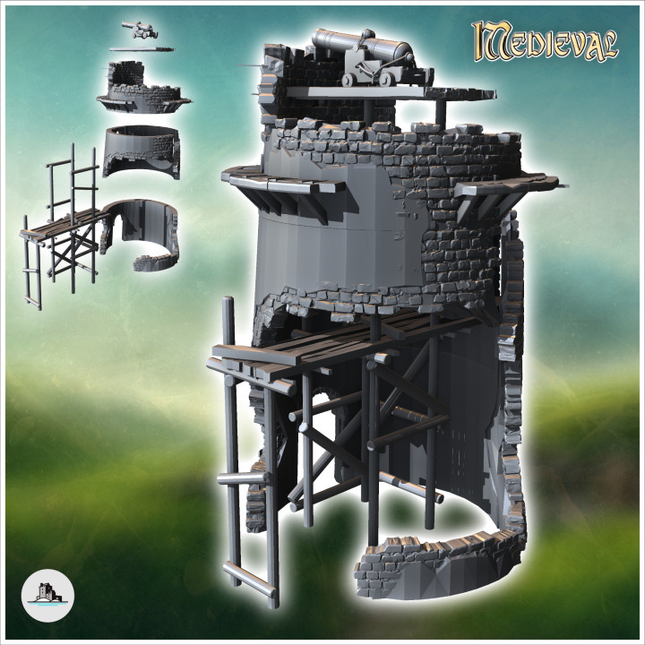 Stone defense tower with ruined cannon with scaffolding (19) - Medieval Gothic Feudal Old Archaic Saga 28mm 15mm RPG image