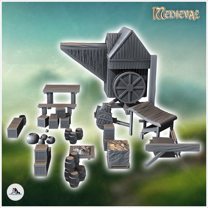 Medieval accessories with wooden crane and crates (3) - Medieval Gothic Feudal Old Archaic Saga 28mm 15mm RPG image