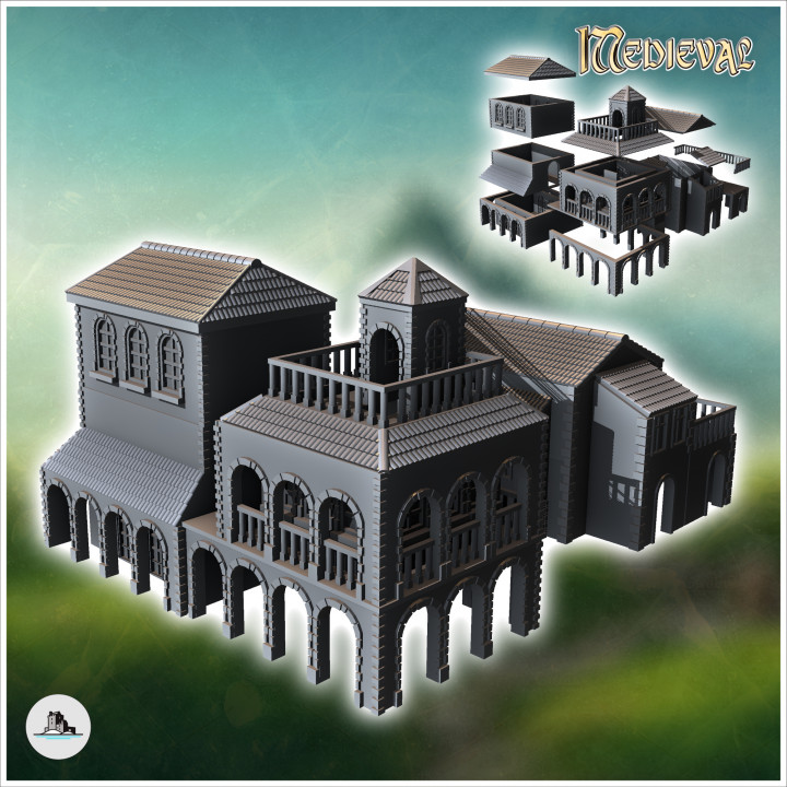 Set of three Venetian houses with large columned awnings (2) - Medieval Gothic Feudal Old Archaic Saga 28mm 15mm RPG image