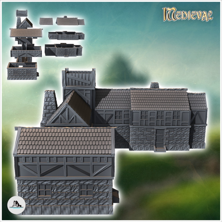 Large medieval building with stone base and wooden corner (3) - Medieval Gothic Feudal Old Archaic Saga 28mm 15mm RPG image