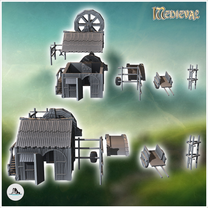 Medieval house set with bridge, water mill and skin drying racks (4) - Medieval Gothic Feudal Old Archaic Saga 28mm 15mm RPG image