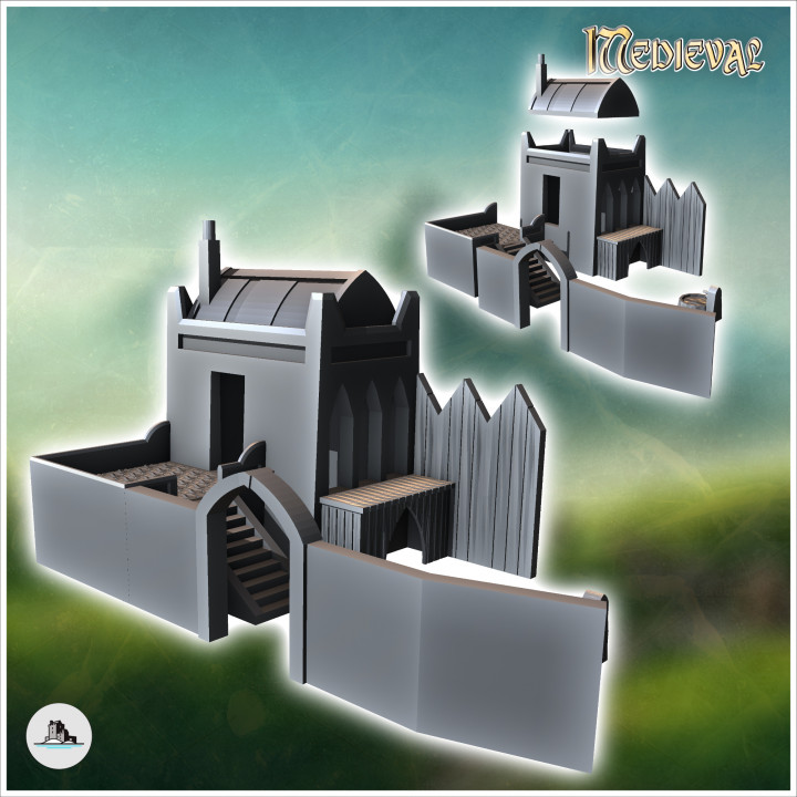 Medieval building with low wall with door and wooden palisade (8) - Medieval Gothic Feudal Old Archaic Saga 28mm 15mm RPG image