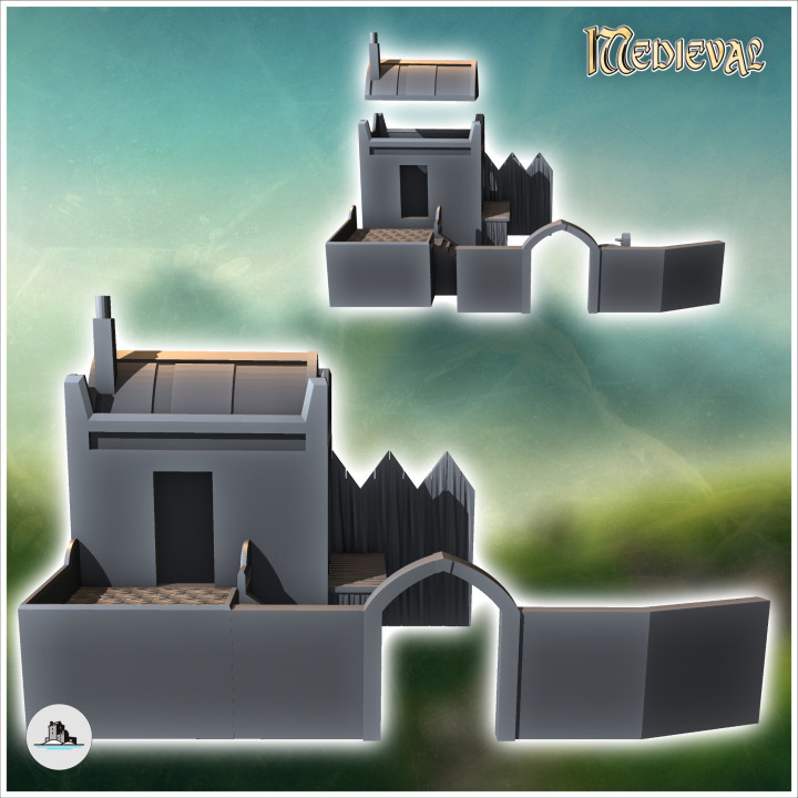 Medieval building with low wall with door and wooden palisade (8) - Medieval Gothic Feudal Old Archaic Saga 28mm 15mm RPG image
