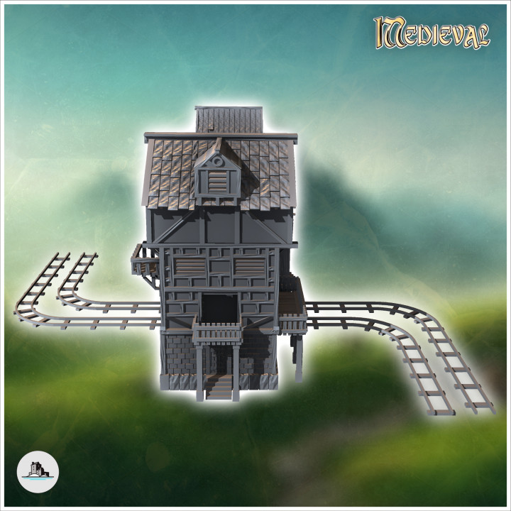 Medieval mine building with double central arch and rails for wagons (10) - Medieval Gothic Feudal Old Archaic Saga 28mm 15mm RPG image