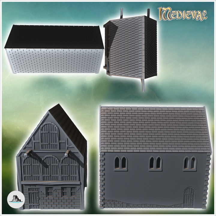 Set of two medieval warehouses with large wooden doors slate roofs (19) - Medieval Gothic Feudal Old Archaic Saga 28mm 15mm RPG image