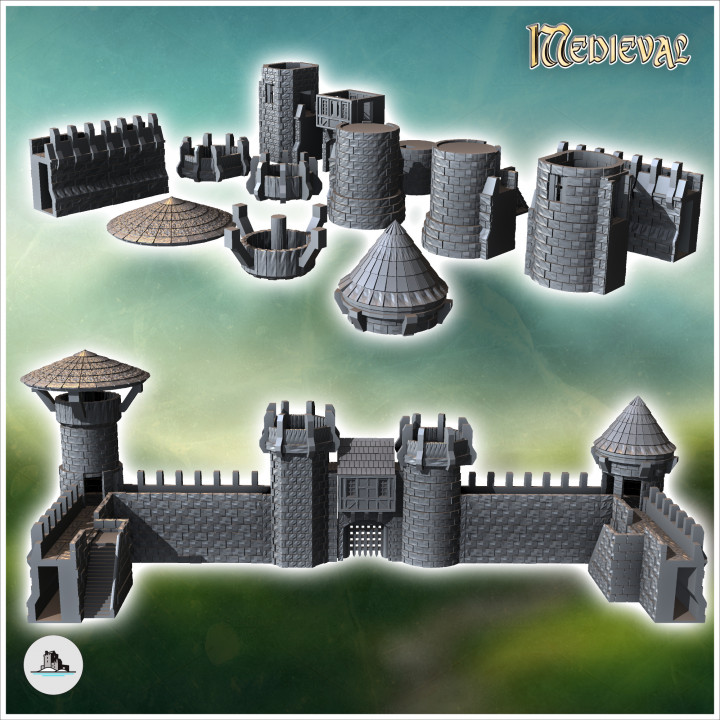 Set of modular medieval stone walls with building surrounded by towers (24) - Medieval Gothic Feudal Old Archaic Saga 28mm 15mm RPG image