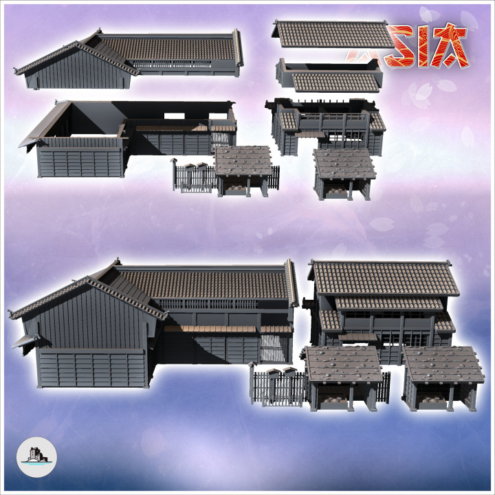 Set of two large Asian tiled roofed buildings with two market stalls (4) - Asian Asia Oriental Angkor Ninja Traditionnal RPG Mini image