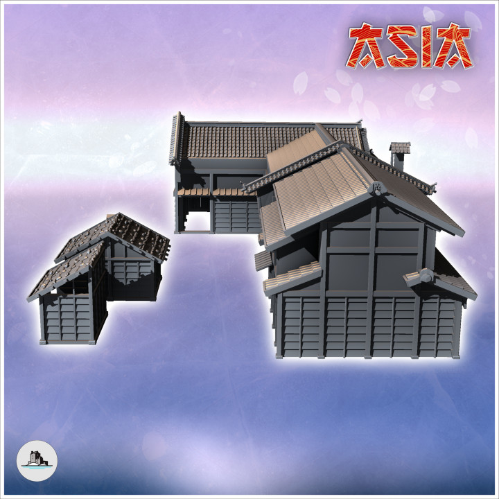 Set of two large Asian tiled roofed buildings with two market stalls (4) - Asian Asia Oriental Angkor Ninja Traditionnal RPG Mini