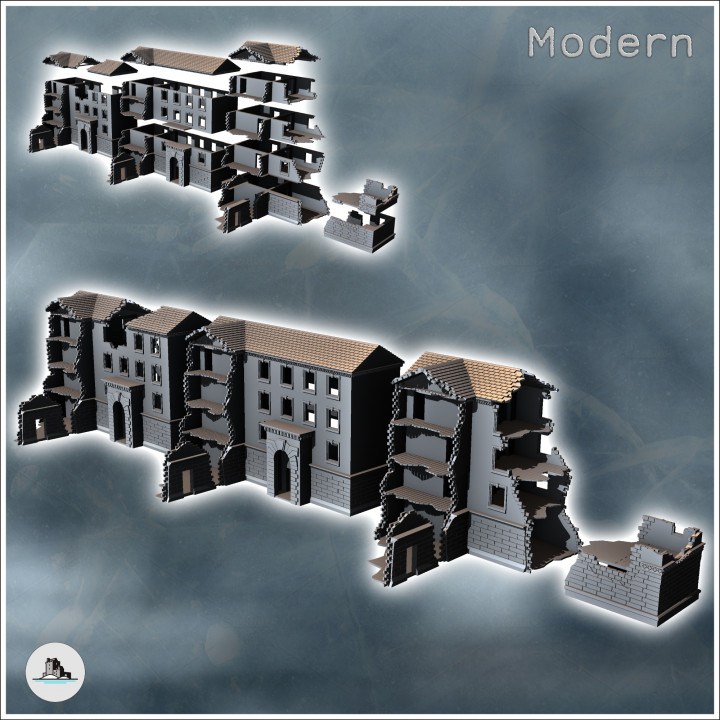 Set of three modern ruined buildings with central arch and stone pavement (8) - Modern WW2 WW1 World War Diaroma Wargaming RPG Mini Hobby image