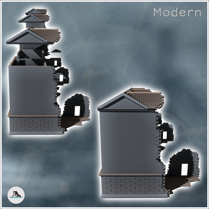Set of three modern ruined buildings with central arch and stone pavement (8) - Modern WW2 WW1 World War Diaroma Wargaming RPG Mini Hobby image