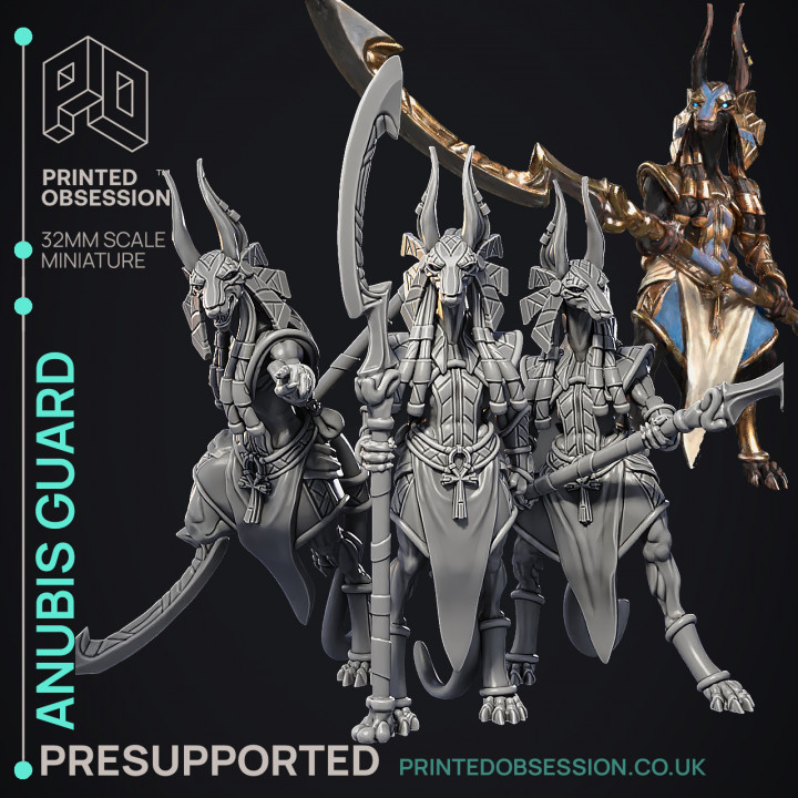 Anubis Guard - 3 Models - Court of Anubis -  PRESUPPORTED - Illustrated and Stats - 32mm scale image