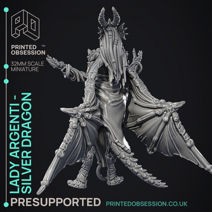 Lady Argenti - Female Silver Dragon Humanoid Form - PRESUPPORTED - Illustrated and Stats - 32mm scale