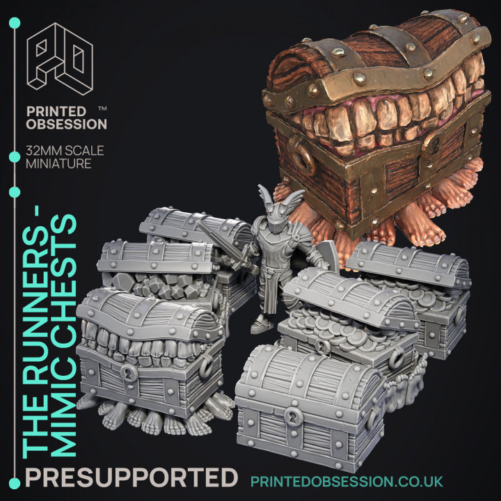 The Runners - 6 Chest Mimics -  PRESUPPORTED - Illustrated and Stats - 32mm scale image