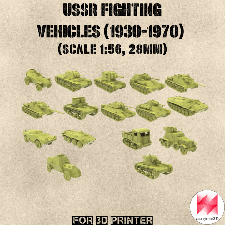 STL PACK - 16 USSR Fighting vehilces of 1930-1970s (1:56, 28mm) - PERSONAL USE image