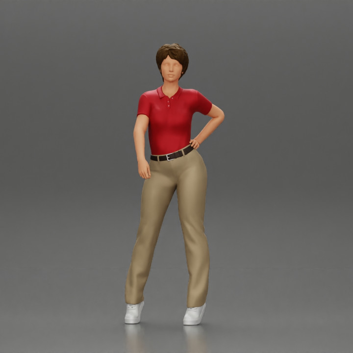 beautiful woman in polo shirt and pants with short hair image