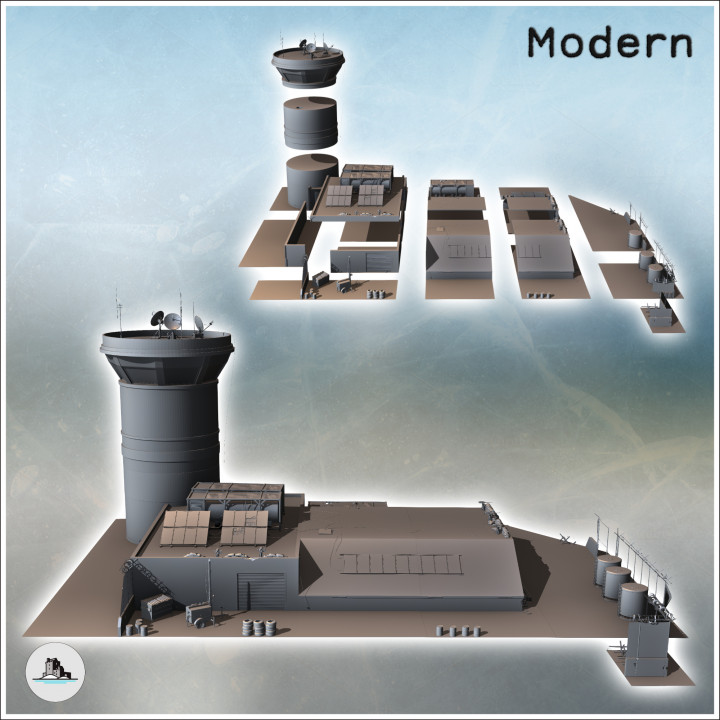 Airport control tower with radars and large storage warehouse with gates (5) - Cold Era Modern Warfare Conflict World War 3 RPG  Post-apo WW3 WWIII image