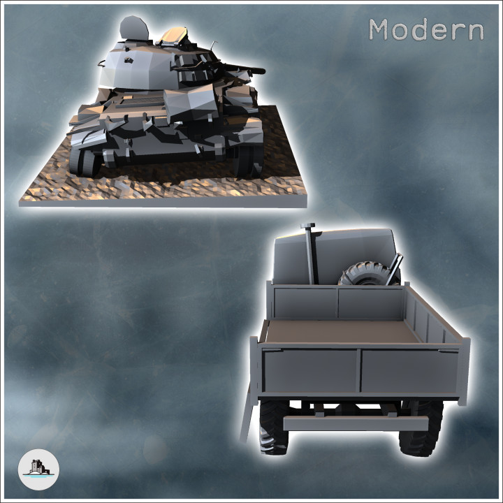 Set of destroyed vehicles with utility truck and Soviet T-55 tank (3) - Cold Era Modern Warfare Conflict World War 3 RPG  Post-apo WW3 WWIII image