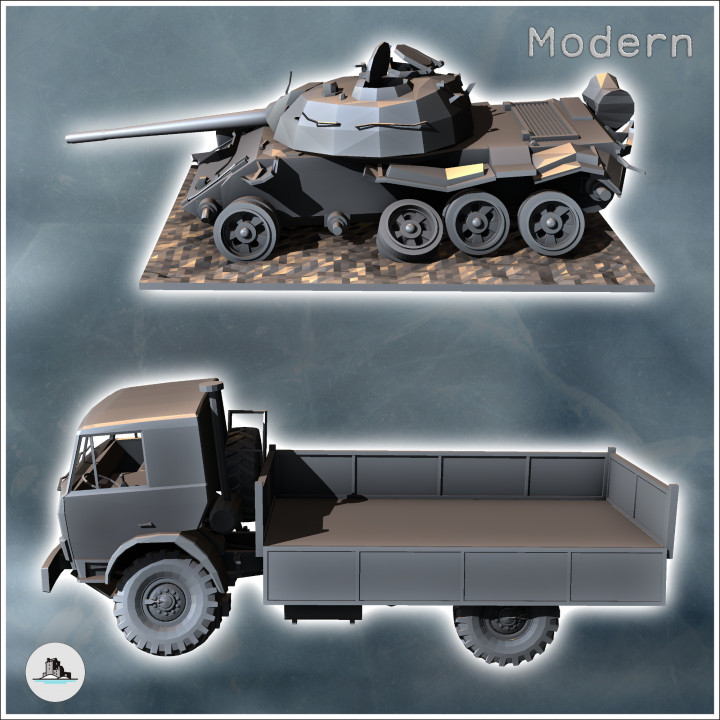Set of destroyed vehicles with utility truck and Soviet T-55 tank (3) - Cold Era Modern Warfare Conflict World War 3 RPG  Post-apo WW3 WWIII image
