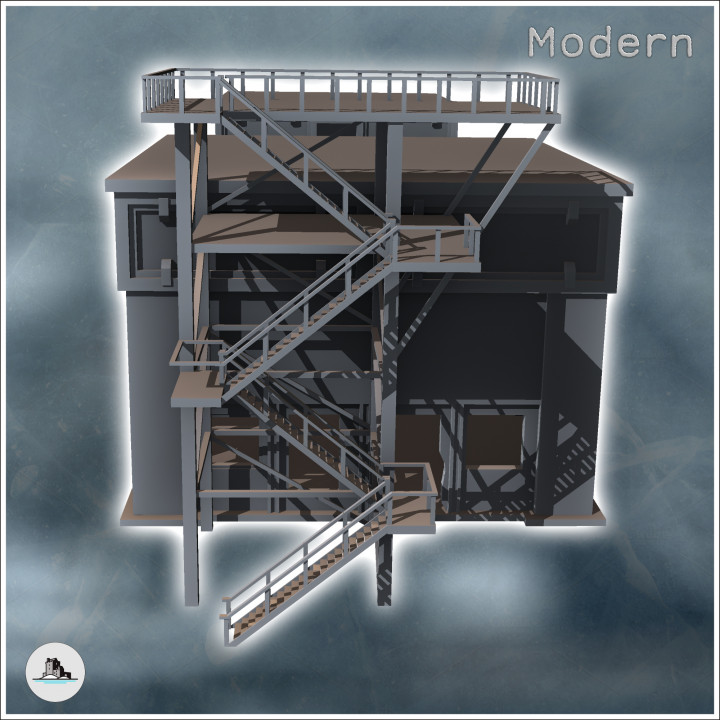 Double industrial buildings with central walkway and external staircase (1) - Modern WW2 WW1 World War Diaroma Wargaming RPG Mini Hobby image