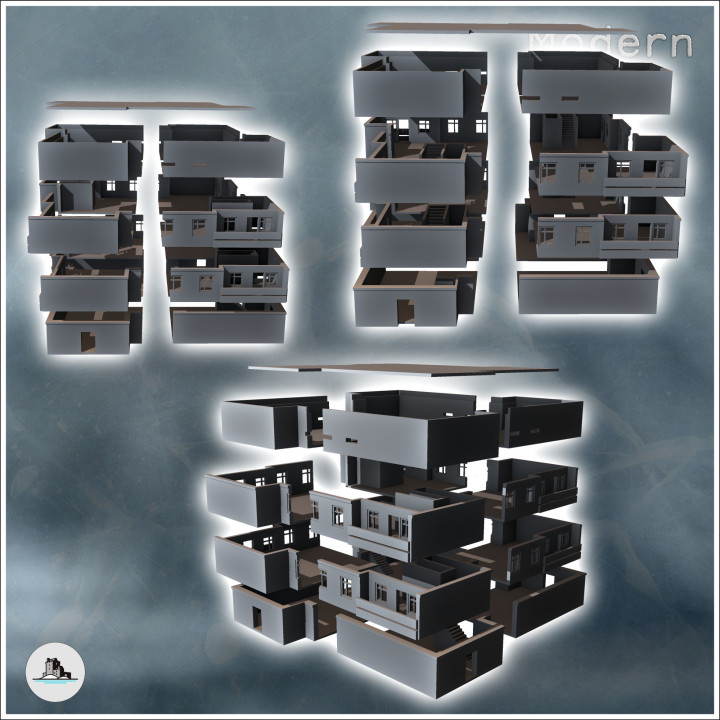 Modular set of modern multi-storey concrete buildings (5) - Modern WW2 WW1 World War Diaroma Wargaming RPG Mini Hobby image