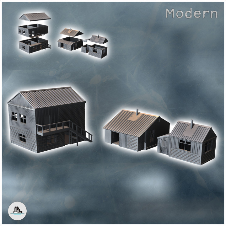 Set of three modern tin roof houses with external staircase (11) - Modern WW2 WW1 World War Diaroma Wargaming RPG Mini Hobby image