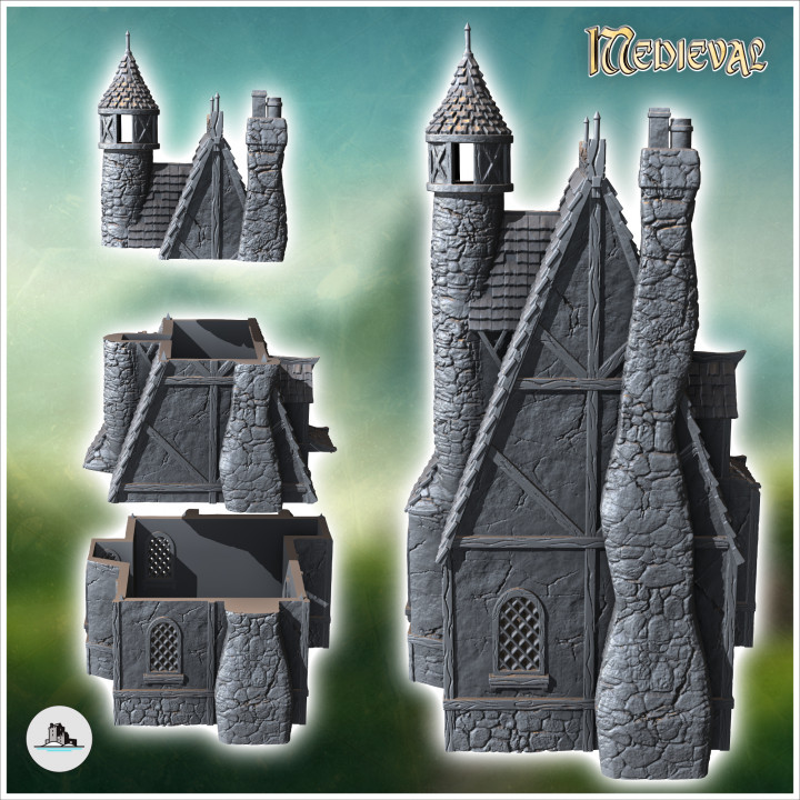 Large medieval mansion with access staircase and tiled roof (35) - Medieval Middle Earth Age 28mm 15mm RPG Shire image