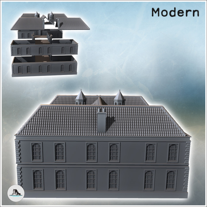 Modern building with bell towers, two wings and access staircase (1) - Modern WW2 WW1 World War Diaroma Wargaming RPG Mini Hobby image