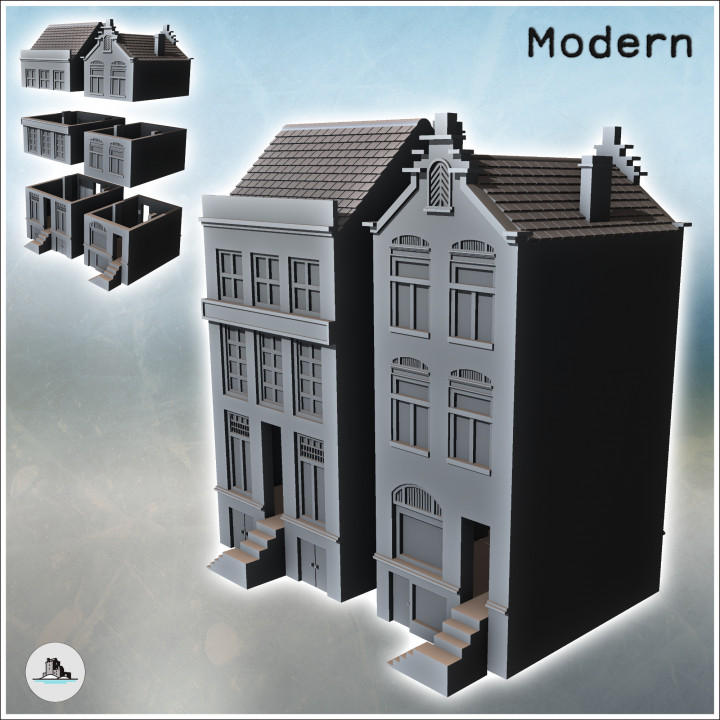 Set of Two Modern Flemish Houses (15) - Modern WW2 WW1 World War Diaroma Wargaming RPG Mini Hobby image