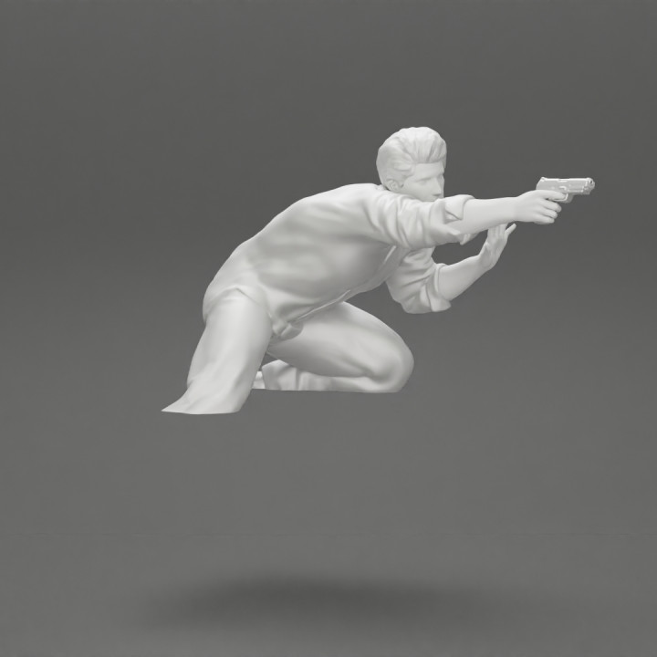 gangster man shooting a gun from the back of the car