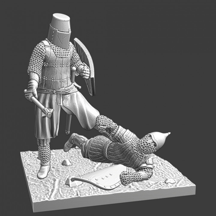 "Stay Down" - Medieval Crusader Knight stepping on wounded Rus warrior image