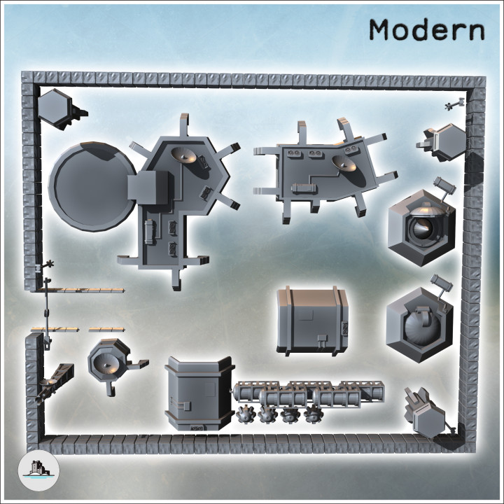 Large modern military base set with hangars, tower watchtowers and protective enclosure (11) - Cold Era Modern Warfare Conflict World War 3 RPG  Post-apo WW3 WWIII