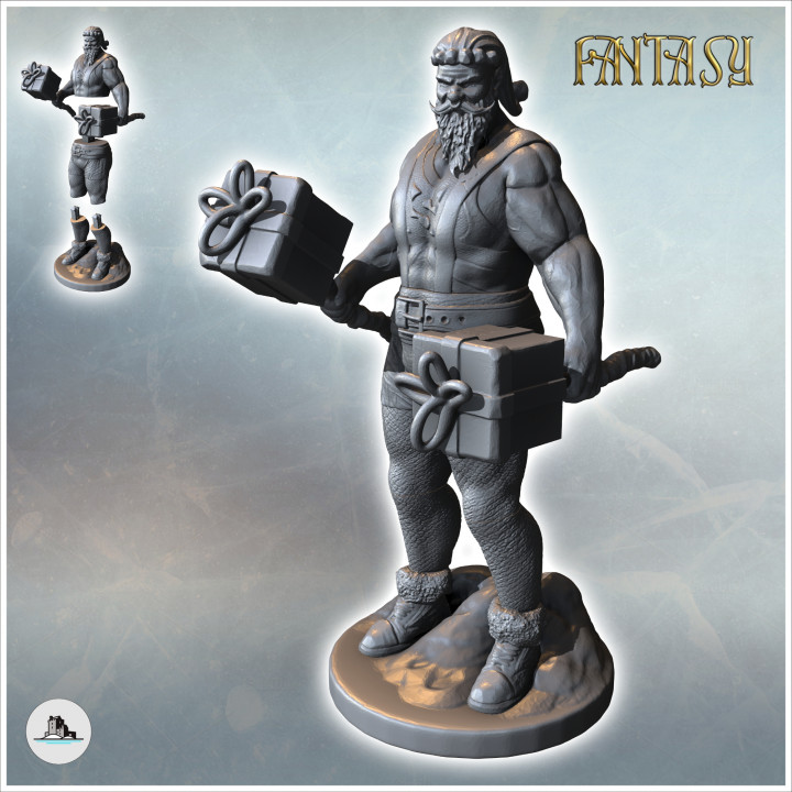 Weightlifting Santa Claus with bulging muscles and dumbbells shaped like gifts (1) - Medieval Fantasy Magic Feudal Old Archaic Saga 28mm 15mm image