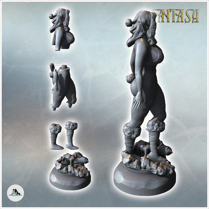 Woman with furry shoes and Christmas hat on her head (version without cape) (3) - Medieval Fantasy Magic Feudal Old Archaic Saga 28mm 15mm