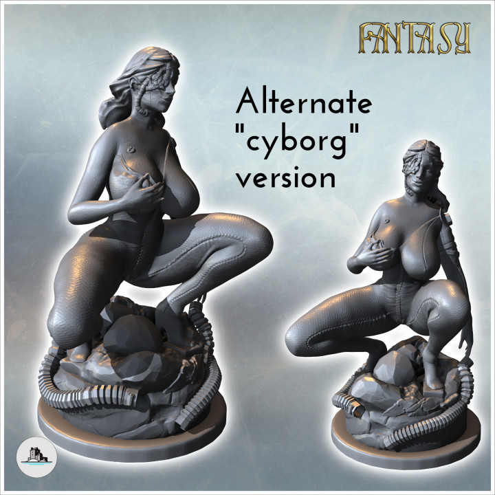 Woman crouching on a rock with long hair (normal and cyborg versions) (SFW version) (9) - Medieval Fantasy Magic Feudal Old Archaic Saga 28mm 15mm image