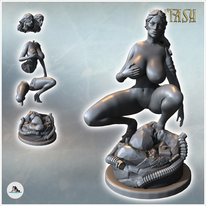 Woman crouching on a rock with long hair (normal and cyborg versions) (NSFW version) (10) - Medieval Fantasy Magic Feudal Old Archaic Saga 28mm 15mm image