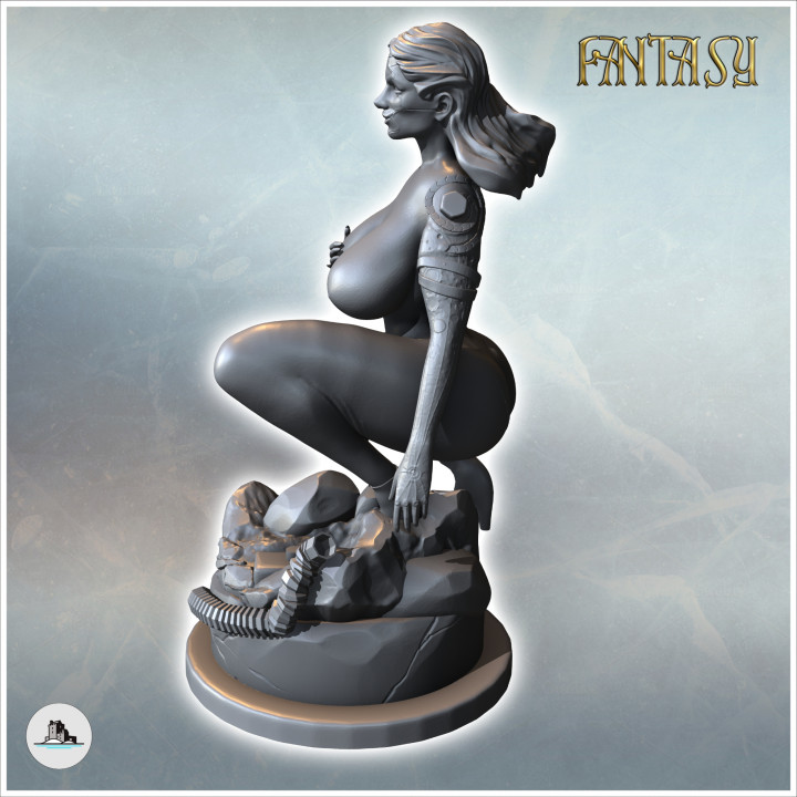 Woman crouching on a rock with long hair (normal and cyborg versions) (NSFW version) (10) - Medieval Fantasy Magic Feudal Old Archaic Saga 28mm 15mm image