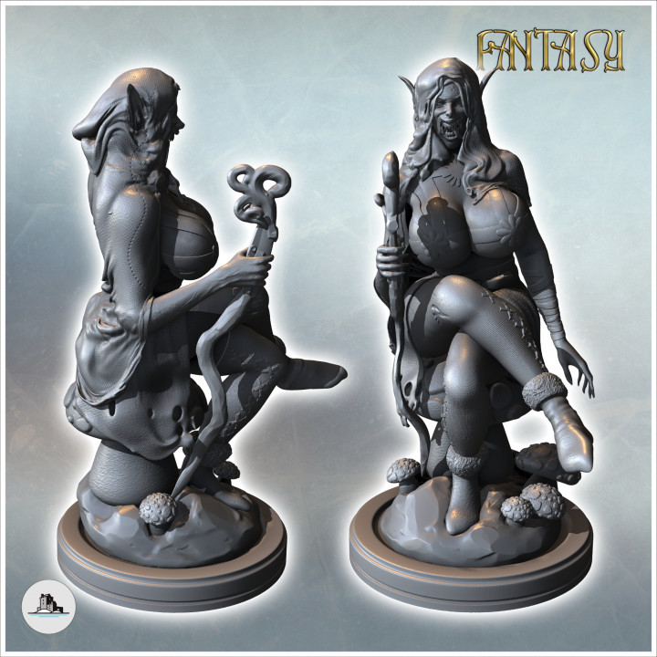 Female creature sitting on a rock with a magic staff and a hood over the head (SFW version) (12) - Medieval Fantasy Magic Feudal Old Archaic Saga 28mm 15mm