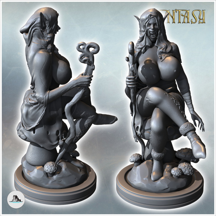 Female creature sitting on a rock with a magic staff and a hood over the head (NSFW version) (13) - Medieval Fantasy Magic Feudal Old Archaic Saga 28mm 15mm