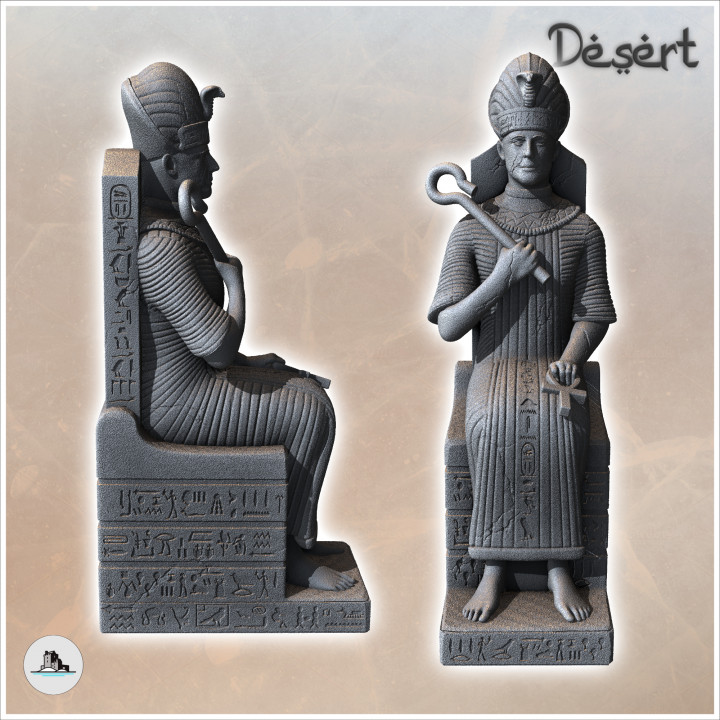 Statue of Egyptian Pharaoh Ramses II 2 seated on throne with royal scepter (7) - Canyon Sandy Landscape 28mm 15mm RPG DND Nomad Desertland African
