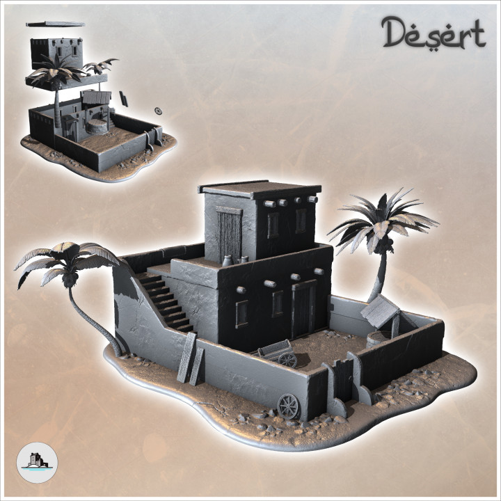 Desert house with palm trees and staircase to roof (6) - Canyon Sandy Landscape 28mm 15mm RPG DND Nomad Desertland African image